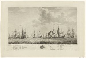 Den nederlandske krigsflåten utenfor Rammekens, 1782-1783 Utsikt over de nasjonale krigsskipene, under kommando av kontreadmiralen, van Kruyne, på veien til Rammekens, i den Jaare 1782 og 1783 (tittel på objekt)