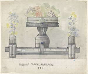 Design for et bord i sølv, dekorert med blomster og frukt av Mathieu Lauweriks