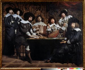 Amatørmøter eller akademigjenforening av kunstnere og intellektuelle. Maleri av Mathieu Le Nain (Lenain) (1607-1677) 1600-tallet søn. 1,16x1,46 m Paris musee du Louvre