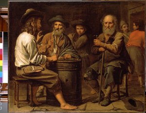 Bønder i et vertshus. (Bønder i en taverna). Tre menn ved bordet som drikker vin og spiser ost servert av en ung gutt, på en tønne. Maleri av Mathieu Le Nain (1607-1677), ca 1640. Olje på lerret. Eremitasjemuseet, Saint Petersbou