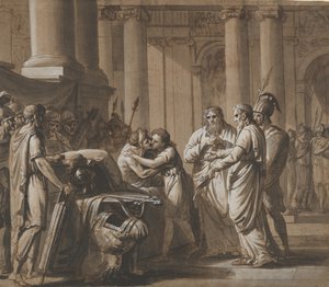 Scene fra romersk historie, som skildrer en ungdom som mottar rustning fra en døende ..., sent på 1700- til midten av 1800-tallet av Mathieu Van Brée