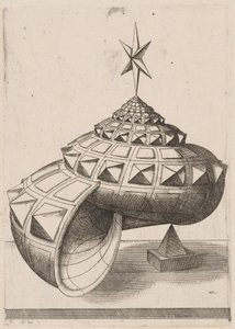 Et perspektiv av et fasettert sneglehus balansert på en pyramide av Mathis Zündt, after Hans Lencker