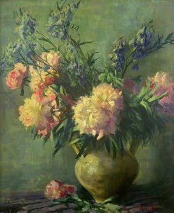 Rosa peoner (olje på lerret) av Matilde Browne