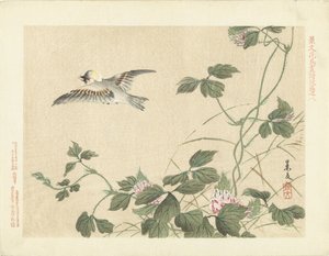 Fugl som flyr vekk fra krypinn med rosa blomster Blomster- og fugleskisser av Keibun- del tre (serietittel) Keibun kacho gafu kohen (serietittel på objekt)