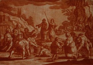Israelittene som samler Manna, illustrasjon fra en bibel, gravert av Gabriel Bodeneer (1673-1766) (sepiagravering) av Mattaus II (after) Merian