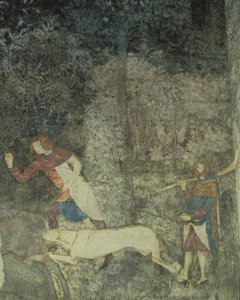 Menn på jakt med hunder, detalj av dekorativt oppsett fra La Chambre du Cerf Stag Room 1347 fresco