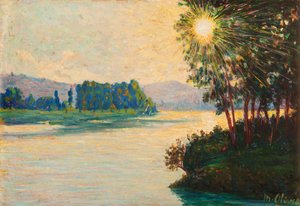 Rising sol på elven (olje på panel) av Matteo Pietro Olivero