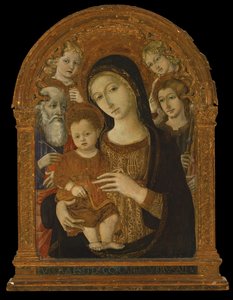 Die Jungfrau und das Kind zwischen den Heiligen Johannes dem Evangelisten, Jakobus und zwei Engeln, ca. 1480-1490