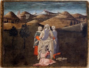 Legenden om Romulus og Remus: fødselen til Rhea Silvia. Maleri av Matteo di Giovanni (1430-1495), detrempe på tre, 27,9 x 35,7 cm. Italiensk kunst fra 1400-tallet. Musee des Beaux Arts de Libourne.