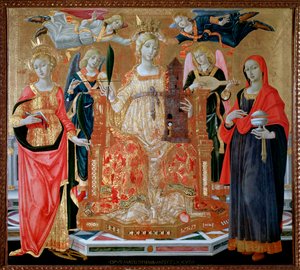 St Barbara på tronen, Saint Mary Magdalene, Saint Catherine of Alexandria - olje på panel