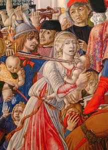 The Massacre of the Innocents, detalj av en soldat som gjennomborer en baby med sverdet sitt, 1482 tempera på paneldetalj av 106233