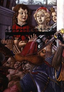 The Massacre of the Innocents, detalj av to tilskuere som observerer blodbadet fra palasset