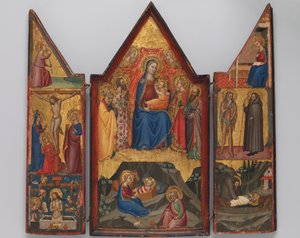 Madonna og barn tronet med hellige... , og under fødselsfødselen..., ca. 1380-90. av Matteo di Pacino