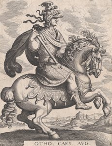Plate 8: Keiser Otho til hest, fra 'De første tolv romerske keiser', etter Tempes..., 1610-50. av Matthaus Merian