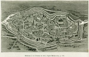 Mulhouse flyr i 1642. Gravering av Matthaus Merian (1593-1650) for å illustrere historien A Through Alsace and Lorraine, av Charles Grad, tysk deputert, i 1885, i tour du monde 1886, regissert av Edouard Charton (1807-1890) , Hachette, Paris. av Matthaus the Elder (after) Merian