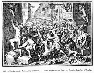 Plyndre den jødiske smug under Fettmilch-opptøyene i Frankfurt 22. august av Matthaus the Elder (after) Merian