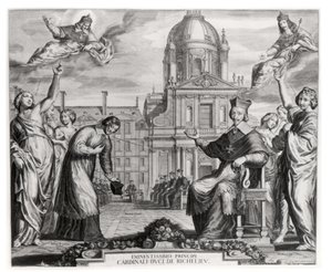 Robert de Sorbon (1201-94) og kardinal Richelieu (1575-1642) foran Sorbonne, gravert av Gregoire Huret (1606-70) 1639