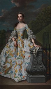 Portrett av Charlotte Beatrix Strick van Linschoten Portrett av Charlotte Beatrix Strick van Linschoten (f. 1732), andre kone til Gerard Cornelis van Riebeeck, antagelig stående foran hennes landsted Eemwijck i Voorburg