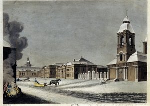 Arsenalet og kanonstøperiet i St. Petersburg. (Arsenalet og kanonstøperiet i Petersburg). Beskrivelse av bygninger midt på vinteren, med sleder som glir på snøen og en gruppe individer som varmer seg rundt et bål. Arbeid av Matthew Dubourg