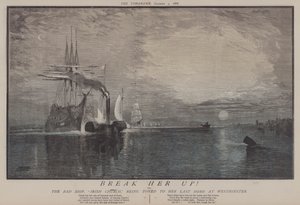 Bryt henne opp! eller, The Bad Ship Irish Church blir slept til sitt siste hjem i Westminster (farge litho) av Matthew