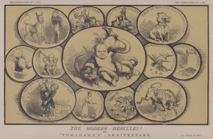 Den moderne Hercules! eller Tomahawks jubileum (farge litho) av Matthew