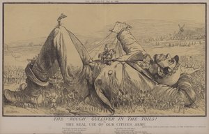 Den røffe gulliveren i slitene! eller, The Real Use of Our Citizen Army (farge litho) av Matthew