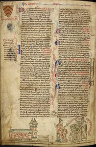 Royal 14C VII, f.138v Westminster Abbey and the Shrine of St. Edward; til høyre, pave Innocent IV ved konsilet i Lyon, illustrasjon fra 