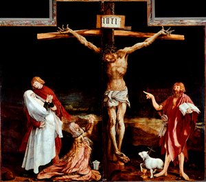Issenheim altertavle (eller Isenheim): midtpanel som representerer korsfestelsen - Inskripsjon "" INRI"" på korset - Tremaleri av Mathis Neithardt Gothardt dit Matthias Grunewald (ca. 1480-1528) 1512-1516 Dim 269x307 cm Unterlinden Colmar, Muse