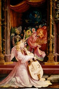 Altertavle av Issenheim (eller Isenheim): "" La Nativite"" Detalj av konserten til Angels-musikere. Engelen i midten spiller gamba-bratsj. Paneler av Mathis Neithardt Gothardt dit Matthias Grunewald (1480-1528) (ec.all.) 1512-1516 Dim. 265x304 cm Kol