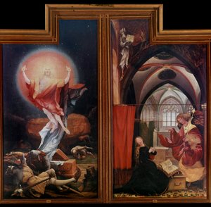 Altertavle av Issenheim (eller Isenheim): "" Oppstandelsen"" "" Bebudelsen"" Paneler av Mathis Neithardt Gothardt dit Matthias Grunewald (1480-1528) (ec.all.) 1512-1516 Colmar, Musee Unterlinden