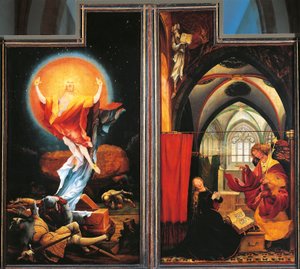 The Annunciation and Resurrection of Christ, detalj fra Isenheim-altertavlen, ca. 1512-16 (olje på panel)