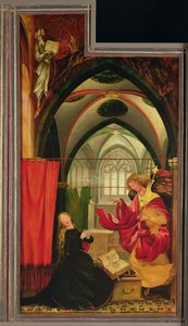 Bebudelsen fra Isenheim-altertavlen, venstre fløy, ca. 1512-16 (olje på panel)