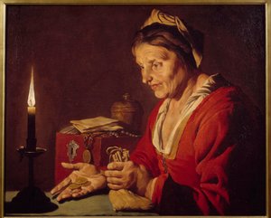 Grådighet - En gammel kvinne ser på gullmyntene sine, som hun nettopp kom ut av gjemmestedet sitt, i lyset av et stearinlys - Maleri av Mathias Stomer (Matthias Stom) (1600-1650) Ec Flam