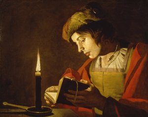 A Young Man Reading by Candlelight - A Young Man Reading by Candlelight, av Matthias Stom (Stomer) (ca.1600-etter 1650). Olje på lerret, ca.1630. Størrelse: 58,5x73,5cm. Nationalmuseum Stockholm
