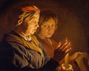 Gammel kvinne og en gutt ved levende lys, 1630-1650. av Matthias Stomer