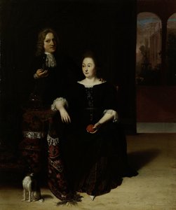 Portrett av en kvinne og en mann i et interiør av Matthias Wulfraet