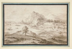 Fjelllandskap med havn og by av Matthys Cock