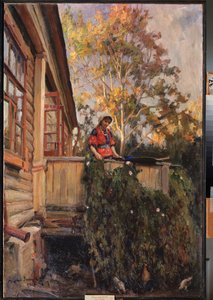På balkongen - Maleri av Matvei Markovich Zaytsev (1880-1940), olje på lerret av Matvei Markovich Zaytsev