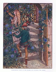 Ermentrude gikk opp trappene og plukket rosene, illustrasjon fra Lady Anns Fairy Tales, 1914