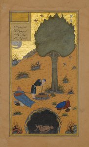 Hvordan en braggart ble druknet i en brønn, Folio 33v fra en Haft Paikar..., ca. 1430. av Maulana Azhar