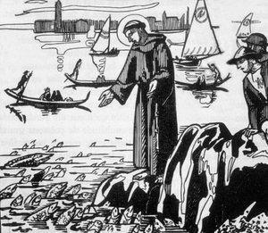 Den hellige Frans av Assisi forkynner for fiskene i Rimini, gravert av Jacques Beltrand etter tegning av Maurice Denis av Maurice (after) Denis