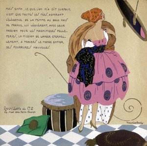 Kvinne foran speilet hennes, reklame for Revillon-pelsverk, ca. 1920-1930 (illustrasjon) av Maurice Berty