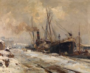 Antwerpen havn om vinteren (olje på lerret) av Maurice Blieck