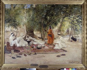 Hospitalite-måltidet. Scene med arabisk liv i oasen Chelma nær Biskra, Algerie. Maleri av Maurice Bompard (1857-1936) 1891 (olje på lerret)