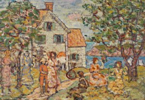 Strand og to hus av Maurice Brazil Prendergast