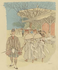 En skotsk mann i tradisjonell Highland Dress blant folket i Cannes, Frankrike (farge litho)