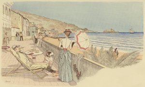 Et par på bryllupsreise slapper av ved sjøen på øya Gallinara, Italia. (farge litho) av Maurice Charles Mathieu Bonvoisin