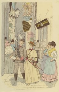 En mann og hans kone går gjennom smugene i gamlebyen i Genova. (farge litho) av Maurice Charles Mathieu Bonvoisin