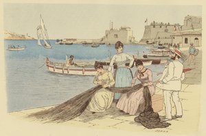 En mann som chatter med en gruppe kvinner som reparerer fiskegarn i byen Villefranche, Frankrike (farge litho) av Maurice Charles Mathieu Bonvoisin