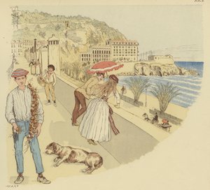 En løkselger med sine varer og folk nyter terrassen som fører opp til fjellet Rauba-Capeu, Nice (farge litho)